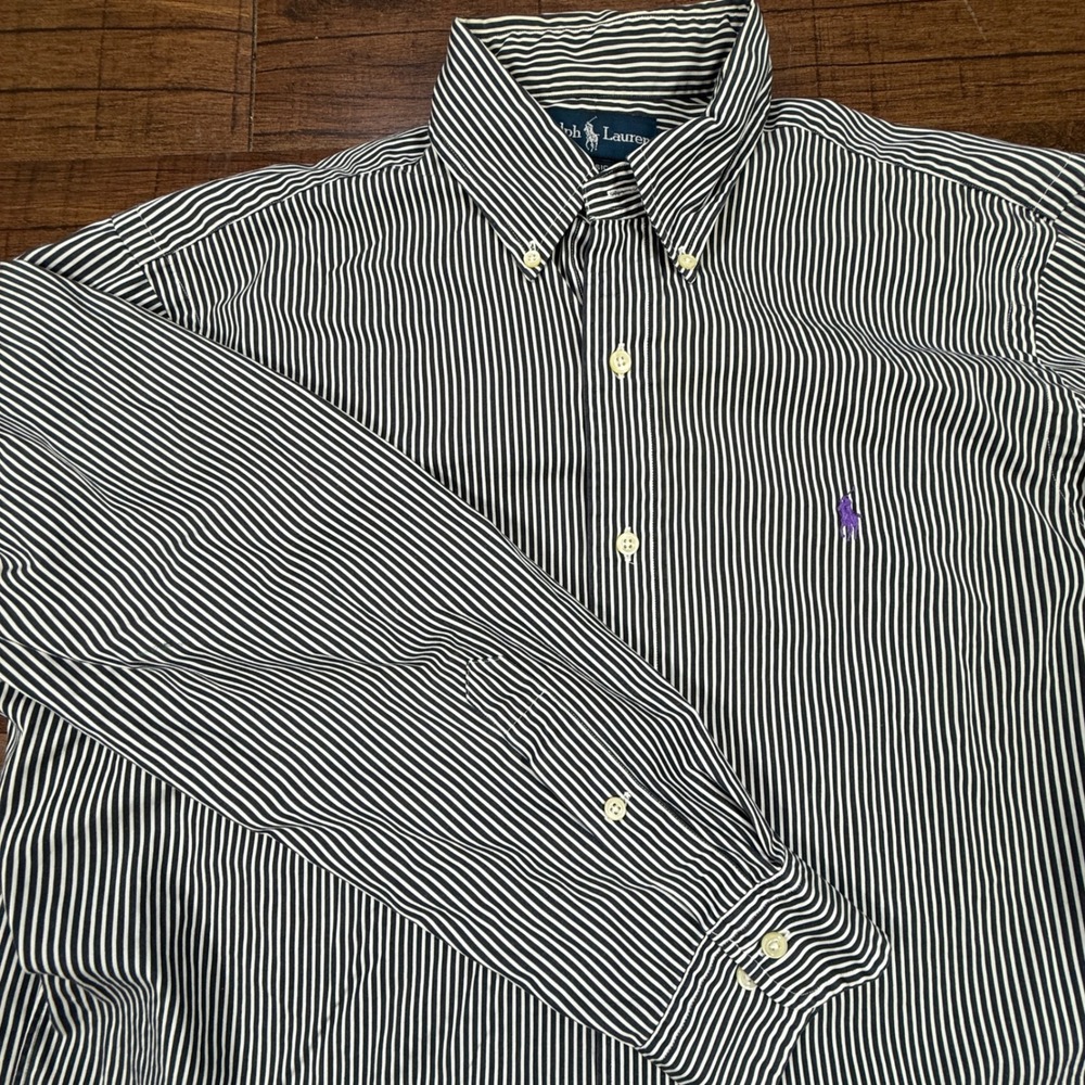 Ralph Lauren Button Down Shirt Mens 16 32/33 Blue White Striped Classic Fit